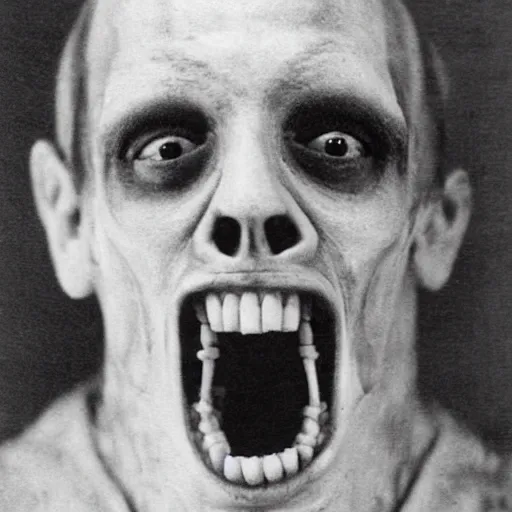 Image similar to horrifying, killer, creepy, dead, monster, tall, skinny, open mouth, old photo, dark