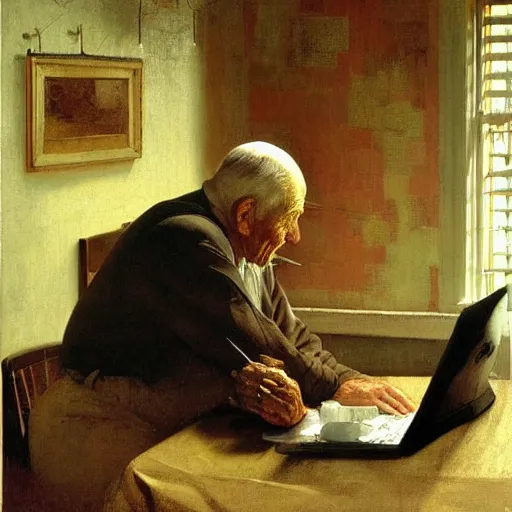 Prompt: weeping desperate grandpa trying to figure out how to order an online pizza sitting in his small room glaring at his lenovo thinkpad laptop t 4 1 0 8 gb ram norman rockwell leonardo da vinci giotto jamie wyeth greg rutkowski winslow homer thomas eakins lucian freud edward hopper j. m. w. turner oil painting