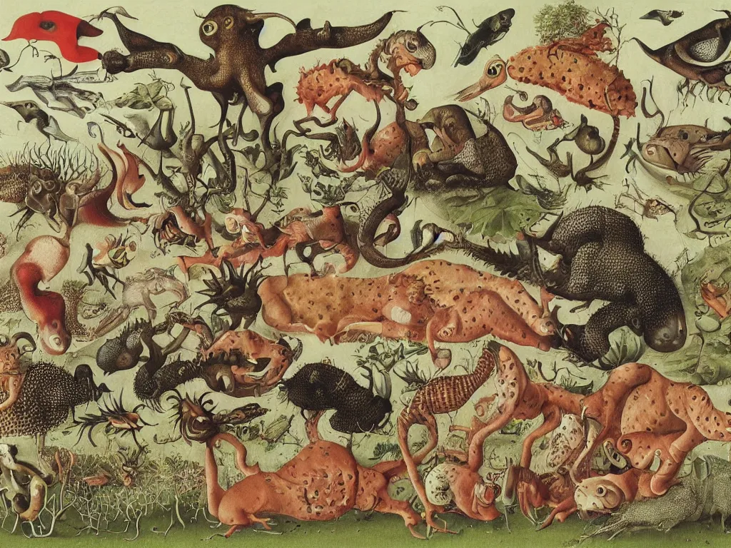 Image similar to unspeakable animal. painting by bosch, maria sybilla merian, codex seraphinianus