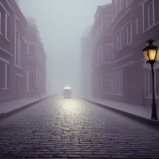 Prompt: Misty Victorian London street at night, gas lanterns, horse drawn carriages, heavy mist, soft lighting, realistic octane render, 8k