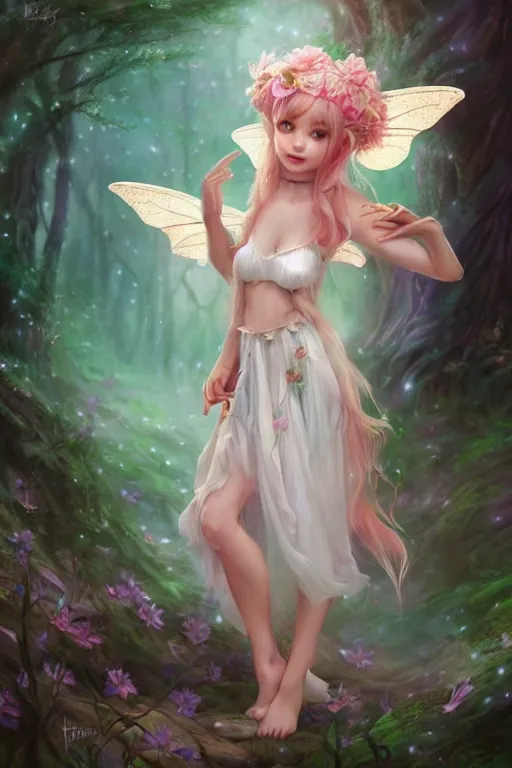 Image similar to a cute fairy in the dreamy forest, fantasy, 8 k resolution, hyper detailed, d & d, character design, digital painting, trending on artstation, sharp focus, illustration, art by artgerm, steve zheng, fuji choko, viktoria gavrilenko, hoang lap