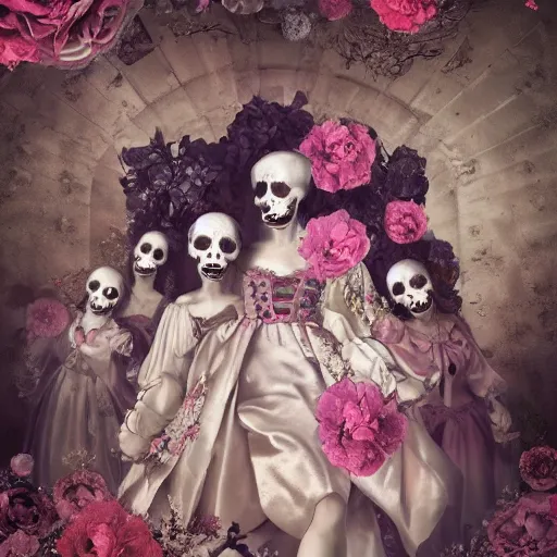 Image similar to 8k, realism, octane render, renaissance, rococo, baroque, group of creepy young ladies wearing long harajuku manga dress with flowers and skulls, background chaotic flowers