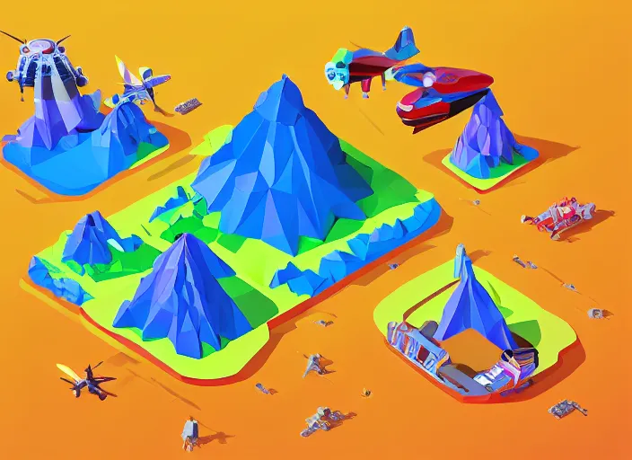 Image similar to aliens visiting kamchatka isometric aerial lowpoly