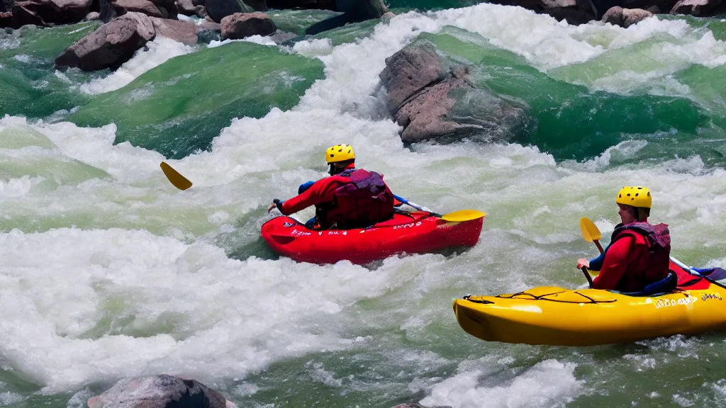 Image similar to a pair of kayakers shoot the rapids in the Colorado river, crashing waves, 35mm DSLR, photorealistic, 4k