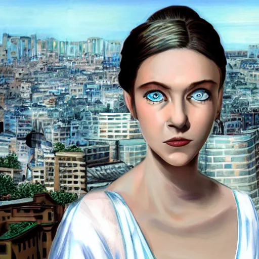 Image similar to A beautiful performance art of a young woman with big blue eyes. She has long lashes and a small mouth. Her hair is pulled back in a bun with a few stray hairs falling down. She's wearing a white dress with a blue sash and a blue scarf around her neck. In the background is a cityscape with tall buildings. Ancient Roman, jet black by J.M.W. Turner, by Otto Dix colorful