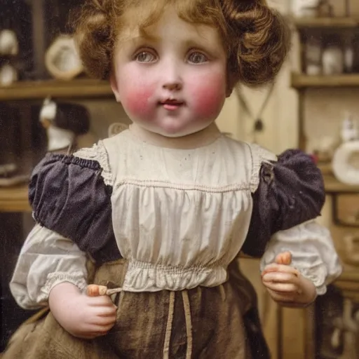 Image similar to close up portrait of a victorian human child standing in a doll maker's shop looking at all of the dolls, 8 k, soft lighting, highly detailed realistic, face in focus 1 8 9 0's