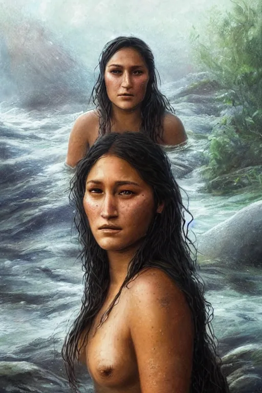Image similar to a beautiful portrait of q'orianka kilcher as a mermaid in a river of the amazon, hyper realistic face, beautiful eyes, fantasy art, in the style of greg rutkowski, intricate, hyper detailed, smooth