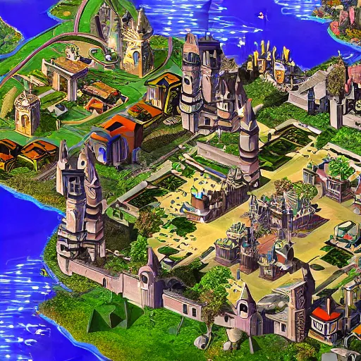 Image similar to imaginary heroes of might and magic city, high resolution and extreme detail, well symmetrically composed, gorgeous lightning