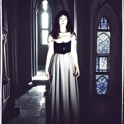 Image similar to mary elizabeth winstead as a vampire in a gothic cathedral at night, gloomy, gothic photography.