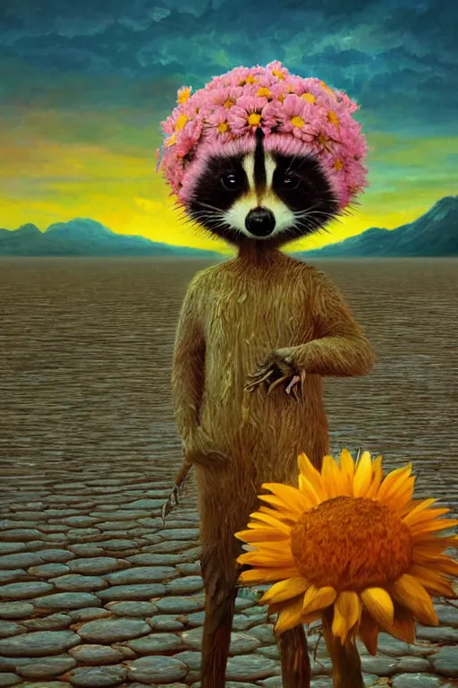 Prompt: giant daisy flower head, anthropomorphic raccoon on salt flats, surreal photography, sunrise, dramatic light, impressionist painting, colorful clouds, digital painting, artstation, simon stalenhag