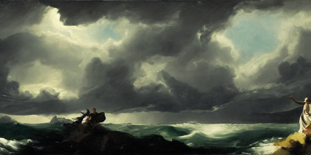 Image similar to a princess, big monster on the horizon, goya the colossus, snowy fjord, storm clouds, dramatic lighting, hudson river school, afternoon