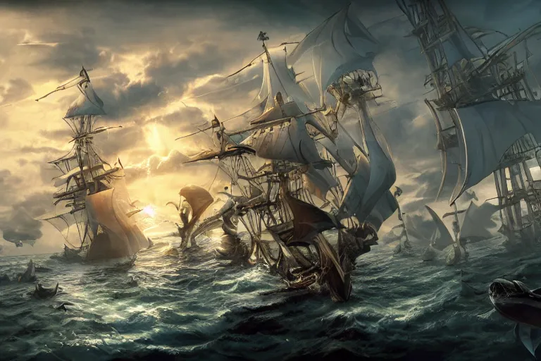 Prompt: elaborate pirate ship surrounded by sharks, low angle, digital painting, mixed media, trending on artstation and deviantart, epic composition, highly detailed, 8 k