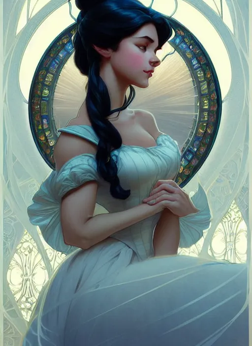 Image similar to portrait of disney belle, intricate, elegant, highly detailed, my rendition, digital painting, artstation, concept art, smooth, sharp focus, illustration, art by artgerm and greg rutkowski and alphonse mucha and uang guangjian and gil elvgren and sachin teng, symmetry!!