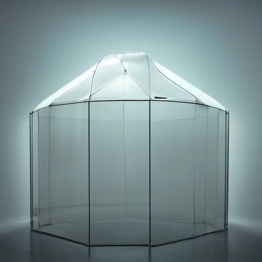 Image similar to an ultra high definition professional studio quality photograph of a transparent iridescent perspex pastel coloured raincoat and head tent on a model in an empty white room. dramatic lighting, ray tracing, refraction, shallow d. o. f, colour corrected, golden ratio, three point light. volumetric shadows. light rays.