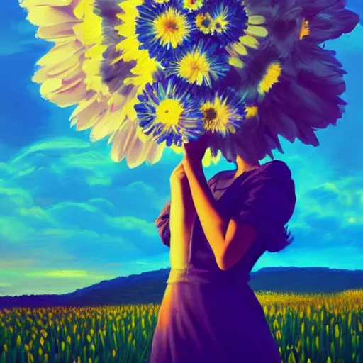 Image similar to girl with a giant daisies head, surreal photography, flower field, sunset dramatic light, impressionist painting, colorful clouds, blue sky, digital painting, artstation, simon stalenhag