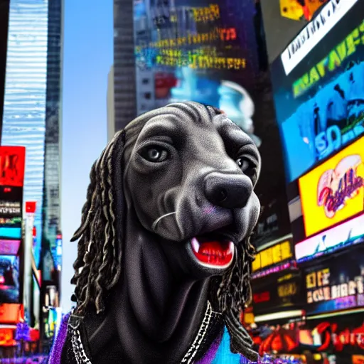 Prompt: realistic ice sculpture of snoop dog in times square, photorealistic, 8 k resolution, high detail