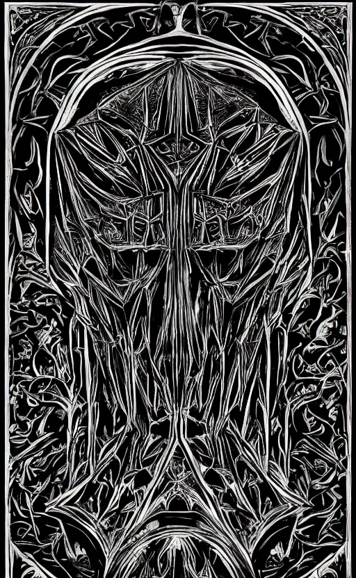 Prompt: a face made of black cast iron on a black background. gothic baroque. low poly. symmetry. epic. ominous shapes. hyper detailed.