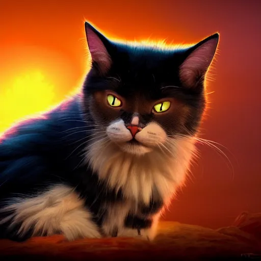 Image similar to cat - goku hybrid, genkidama, golden hour, fantasy, sharp focus, digital art, hyper realistic, 4 k, unreal engine, highly detailed, hd, dramatic lighting by brom, trending on artstation, new cats movie