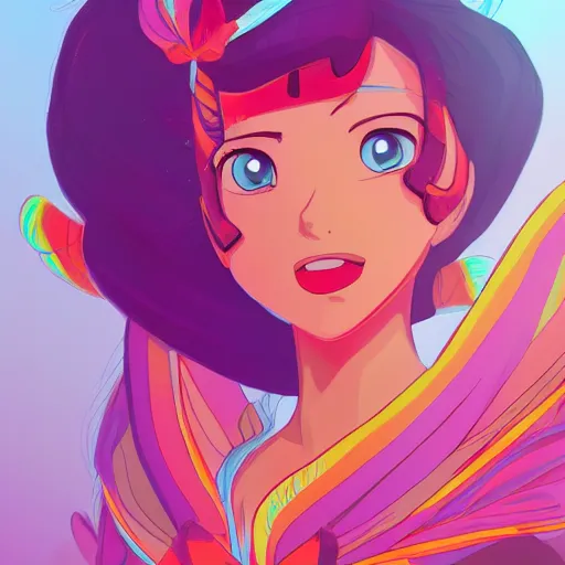 Image similar to a beautiful female disney styled character, ultra detailed, sunrise, portrait, hyper colorful, super coherent, symmetry, trending on artstation, by studio ghibli