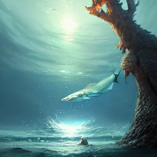 Prompt: a tree in the shape of a fish, in a sea, by greg rutkowski, trending on art station, highly detailed, magic the gathering, matte painting