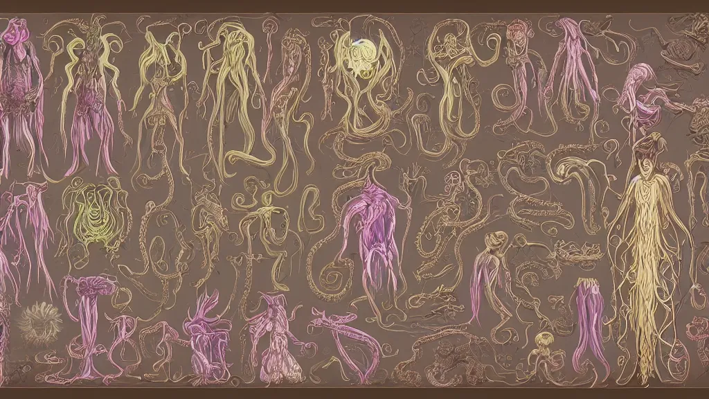 Image similar to vector, highly detailed colorful character sheet for a stocky alien extraterrestrial victorian female servant maid with thick snake - like tentacles instead of hair, long dress with apron, ernst haeckel, jim henson creature shop, coherent, illustration, digital art, trending on artstation, hd, 8 k, good lighting, beautiful, rough paper, masterpiece