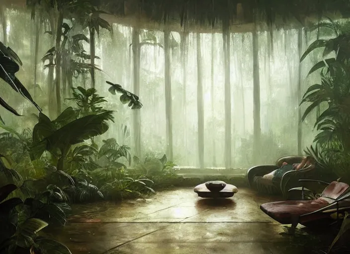 Image similar to a beautiful painting of the interior of a geodesic house in a moist tropical rainforest, living room, by greg rutkowski, realism, artstation, nature