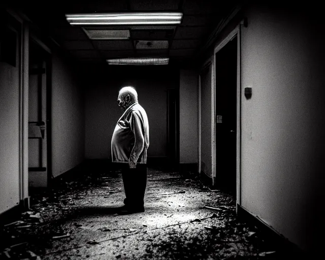 Image similar to creepy old man standing in the backrooms, the eerie forlorn atmosphere of a place that's usually bustling with people but is now abandoned and quiet, buzzing fluorescent lights above the ceiling, unsettling images, liminal space, dark,