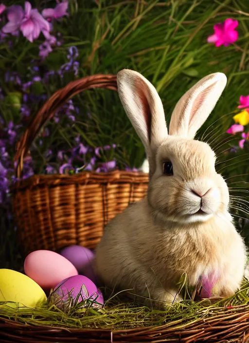 Image similar to a 3 5 mm photo of a lop - eared bunny sitting in an easter basket full of colorful easter eggs, bokeh, canon 5 0 mm, cinematic lighting, film, photography, golden hour, depth of field, award - winning, art by greg rutkowski, maxfield parrish and alphonse mucha