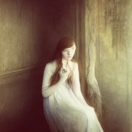 Prompt: photograph of a pale ghost girl, by mikko lagerstedt, by gaston bussiere, by jean deville, cinematic lighting