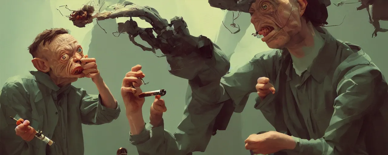 Prompt: duotone olive illustration 3 / 4 portrait of gollum smoking joints with elon musk composition accidental renaissance golden ratio. by sachin teng and sergey kolesov and ruan jia and heng z. graffiti art, scifi, fantasy, hyper detailed. octane render. concept art. trending on artstation