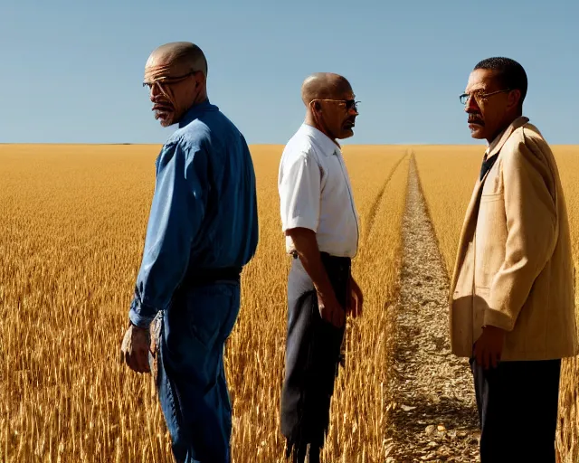 Prompt: extreme long shot of walter white and gustavo fring standing facing each other from a distance in a wheat field, low angle, side view, perfect angle, 8 5 mm photograph, 8 k resolution, wide shot, sharp lens, high detail, cinematic