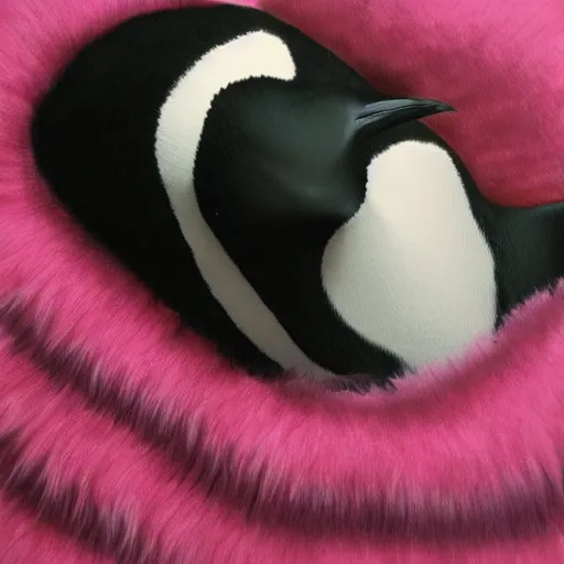 Prompt: one realistic penguin sitting in a pink fluffy bed, hyper detailed, trending on artstation