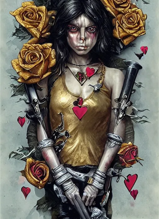 Image similar to tarot card :: horror :: hearts and roses :: gold and silver :: guns and swords :: by Sandra Chevrier and bastien lecouffe deharme