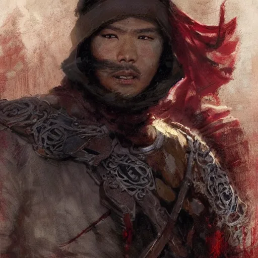 Image similar to a medieval bandit, asian male with stubble, athletic, gearing up for battle, candid, red accents, fantasy character portrait by gaston bussiere, craig mullins