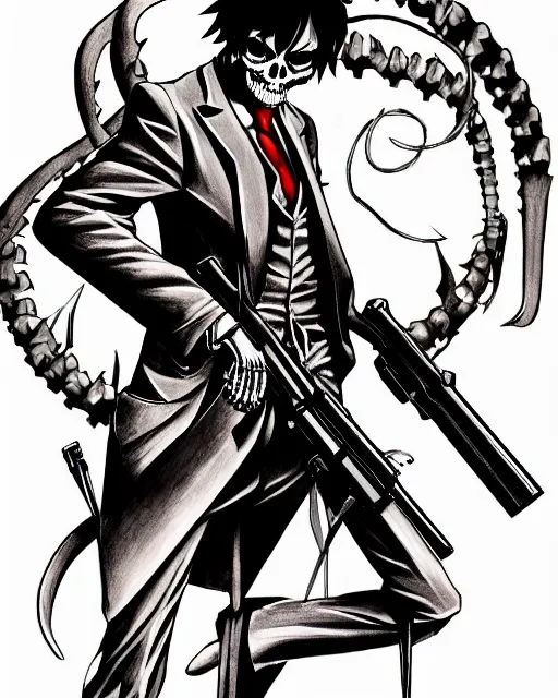 Prompt: shin megami tensei art of a demon that is a skeleton mafia gangster from 1 9 3 0 s holding a tommygun, art by kazuma kaneko, demonic! compedium!, digital drawing, law - alligned, white background, high quality, highly detailed