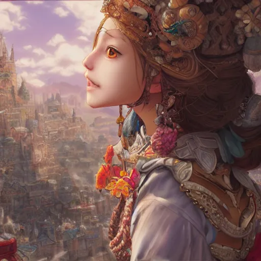 Image similar to character portrait of the monkey princess with gorgeous detailed eyes in the marketplace in the sky, color page, tankoban, 4 k, tone mapping, doll, akihiko yoshida, james jean, andrei riabovitchev, marc simonetti, yoshitaka amano, long hair, ape, curly