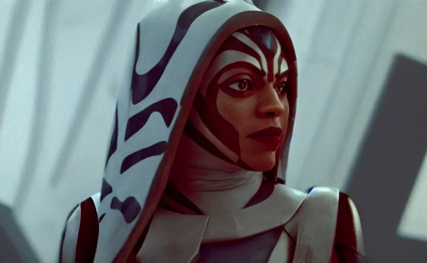 Image similar to cinematic still image wide shot screenshot portrait of ahsoka tano played by rosario dawson, scene from 1 9 8 0 s empire strikes back, 7 0 mm imax, moody iconic scene, beautiful detailed scene, kodak, directed by kubrick