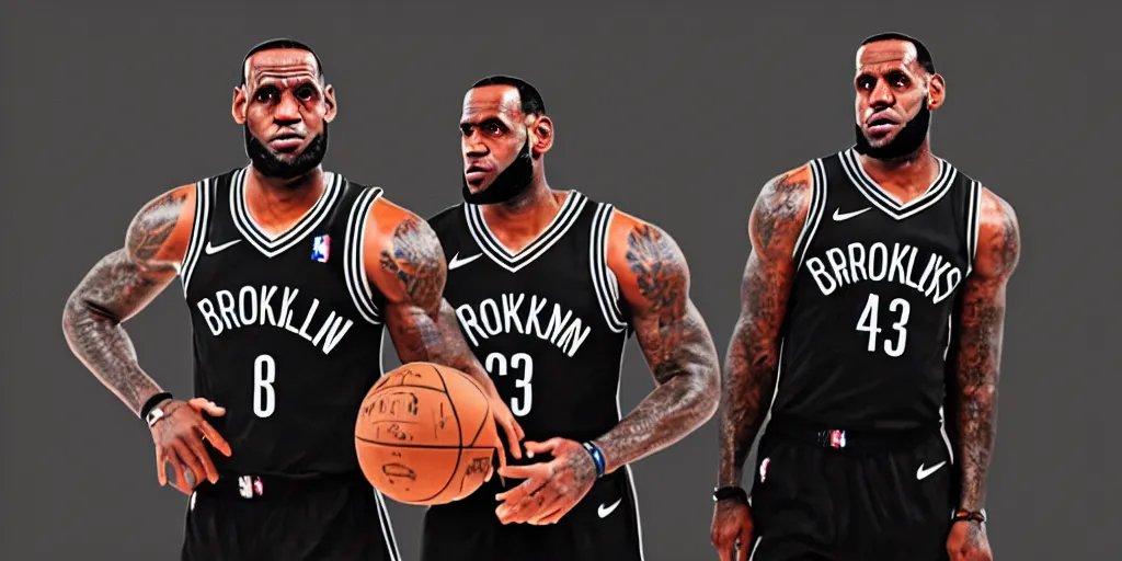 Image similar to photograph of lebron james in a brooklyn nets jersey portrait black background