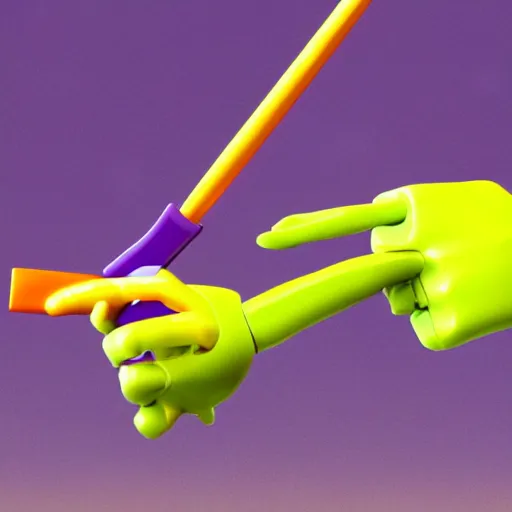 Image similar to a photorealistic 3 d render made in blender of a colourful friendly robot being poked by a man with a stick. background is a purple gradient