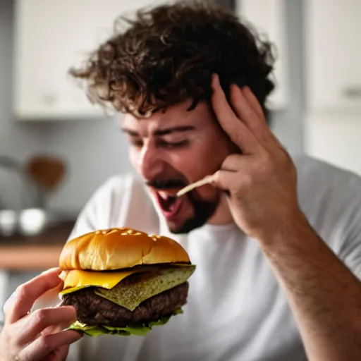 Prompt: a man enjoying a burger full of cheese in his kitchen, 4 k, cinematography, photography, realistic, detailed,