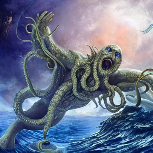 Prompt: a kraken fighting a powerful astronaut wizard, hyperrealistic render