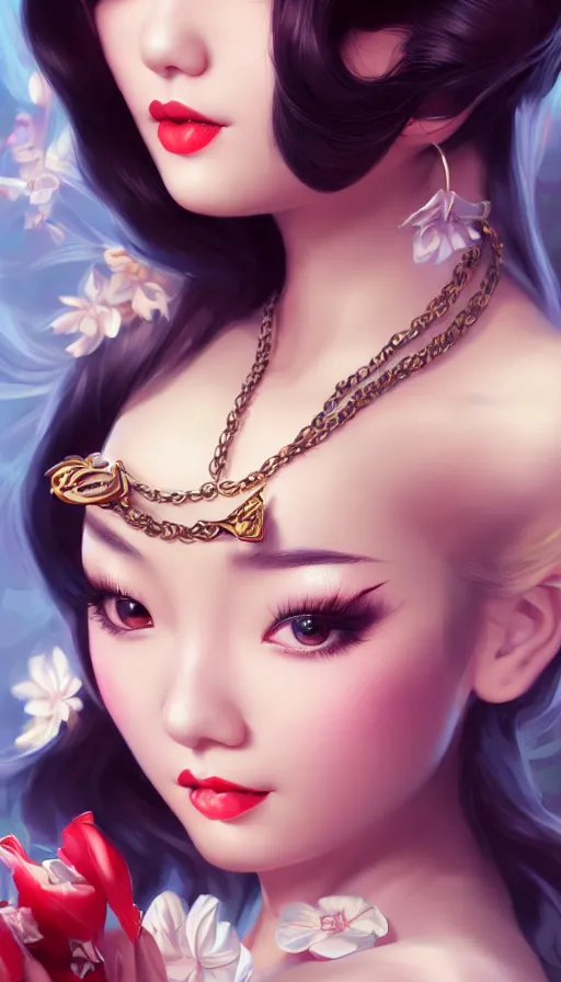 Image similar to a pin up and beautiful fashion and charming and dreamlke asian girl with lv jewelry, medium shot, art by artgerm & ross tran & wlop, hyperdetailed, 8 k realistic, symmetrical, frostbite 3 engine, cryengine, dof, trending on artstation, digital art