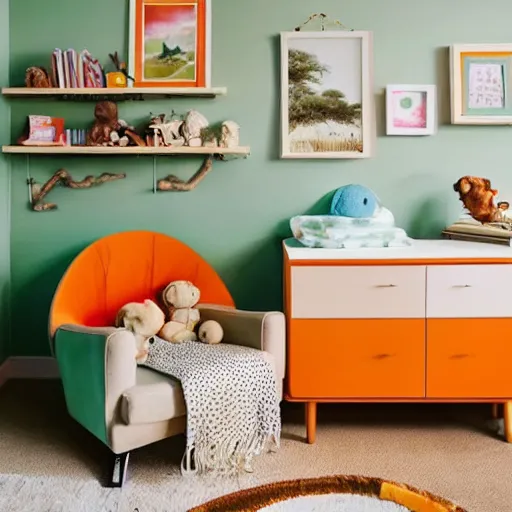 Image similar to interior design baby room, orange and green pastel colours, sunset, safari animals, lion water colours pictures against wall, wood cot and shelves with rocking chair