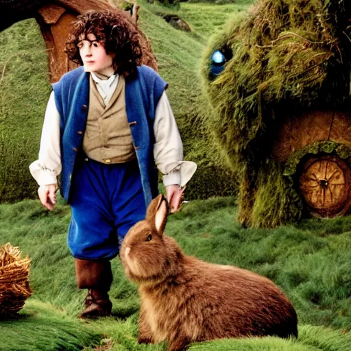 Image similar to a british lad as Bartook a teen hobbit with short curly dark brown hair wearing a blue vest with a white sash standing next to a giant rabbit, high resolution film still, movie by Peter Jackson