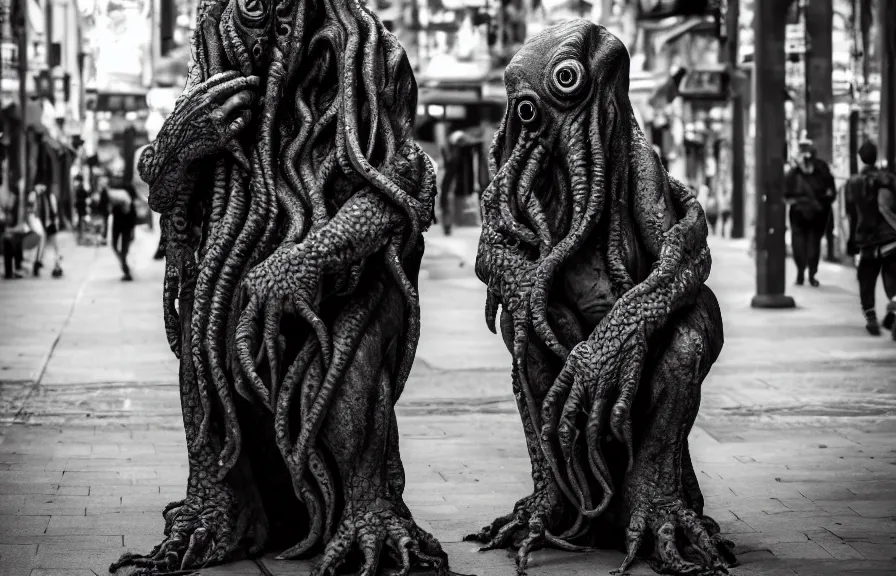 Prompt: a candid street photo of cthulhu in the city, casual clothing, modern fantasy photography, sharp focus, 4k