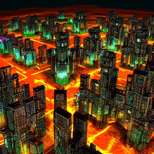 Image similar to night shot of a cyberpunk mayan mayan city