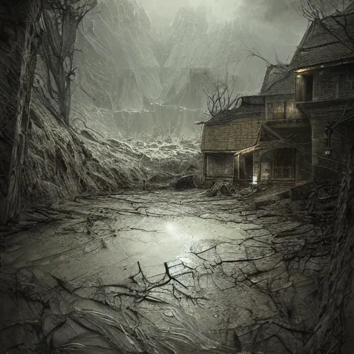 Image similar to michal karcz pencil sketch of an ugly landscape. , horror theme, detailed, elegant, intricate, 4k,