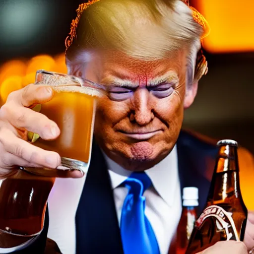 Prompt: donald trump drinking root beer infront of an audience, photography