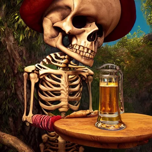 Image similar to pirate skeleton drinking beer by Annie Leibovitz M.W. Kaluta, josephine wall, green wood, nature, 8k resolution, octane render, Trending on artstation, by Justin Gerard and Haeckel. Artstation, volumetric light