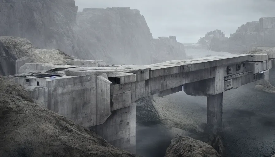 Image similar to big brutalist imperial military base on cliffs, drawing architecture, very long shot, top angle, imperial architecture in star wars, pritzker architecture prize, brutalism architecture, jan urschel, greig fraser